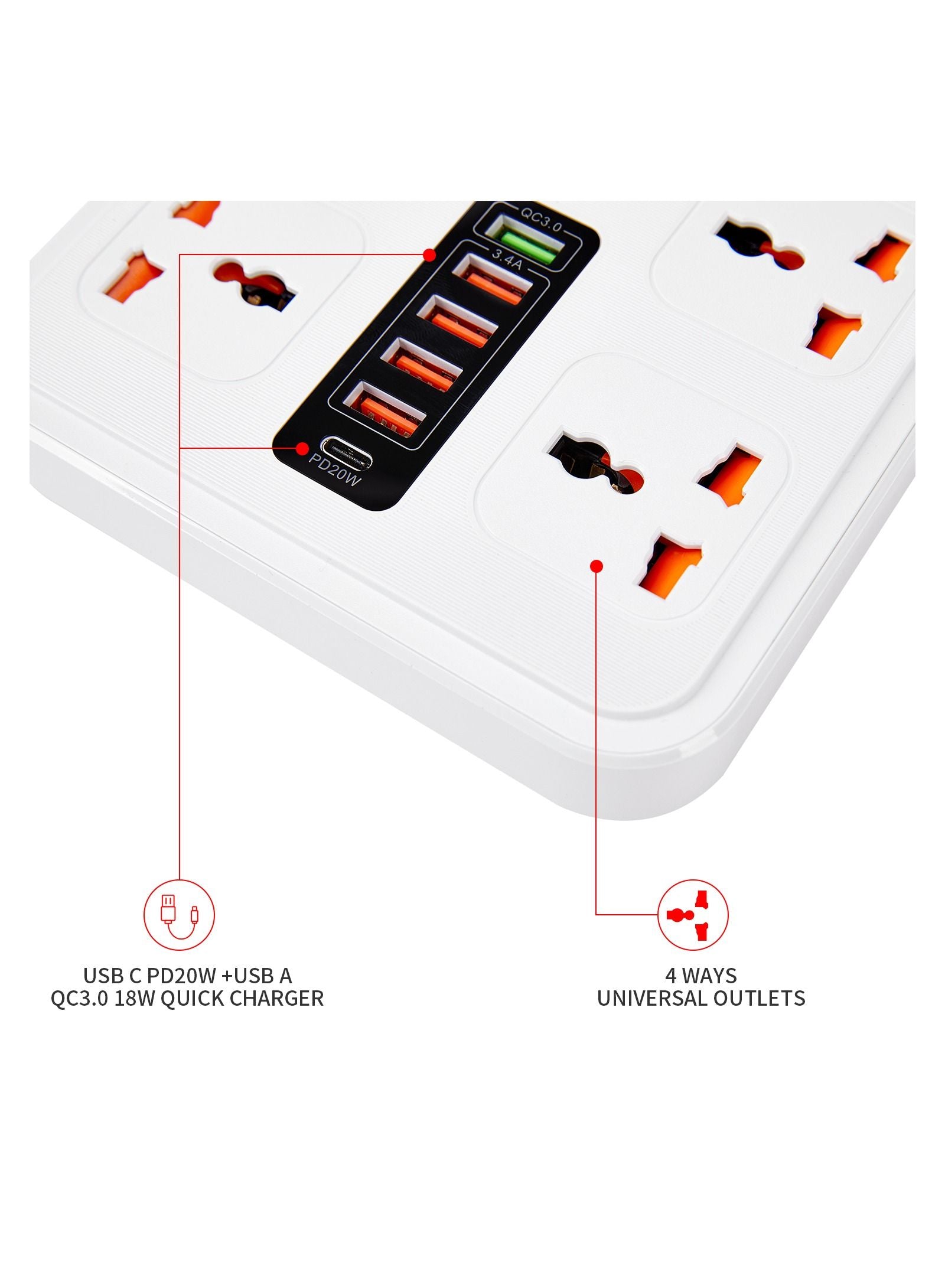 Power Socket with TYPE-C PD 20W + USB QC 3.0 Fast Charging 6 Ports, Universal Power Socket / 4-Way Power Strip / 2m Extension Cable White Power Socket with TYPE-C PD 20W + USB QC 3.0 Fast Charging 6 Ports, Universal Power Socket / 4-Way Power Strip / 2m Extension Cable White